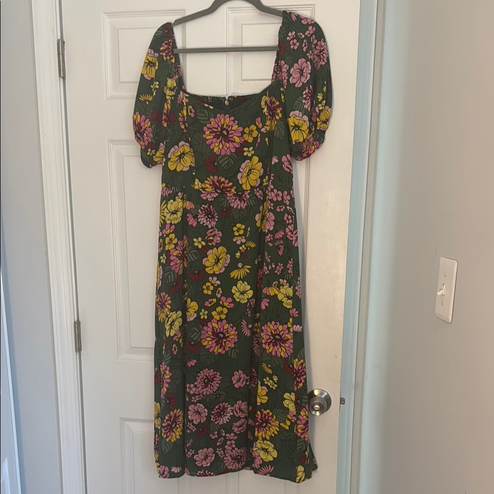 Floral Puff Sleeve Dress - Green, Pink, Yellow